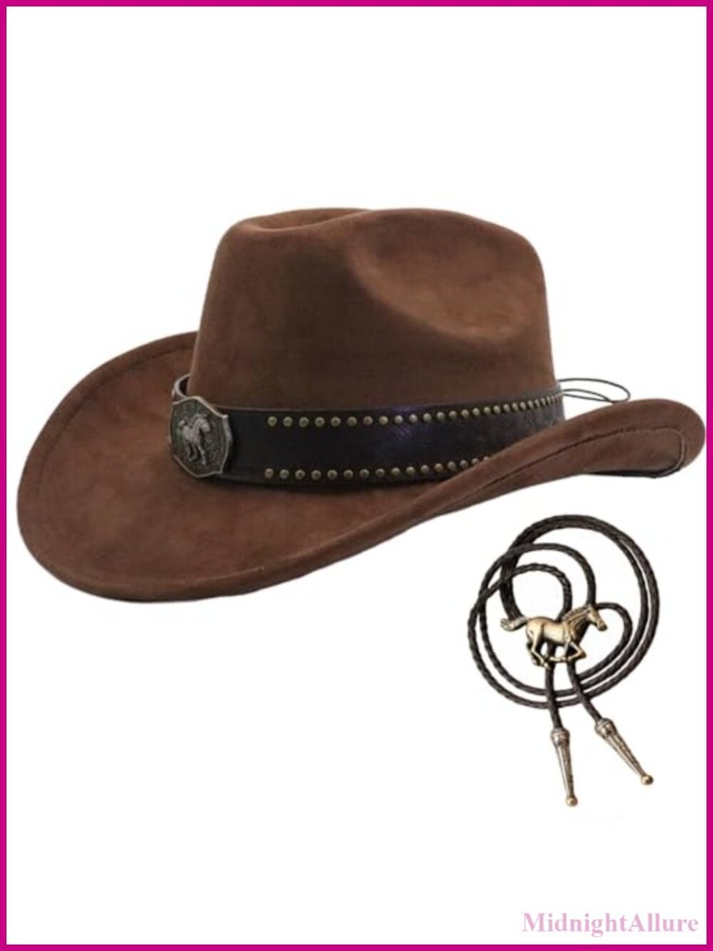 Western Cowboy Hat Suede Leather Bolo Tie Set Adjustable Wide Brim